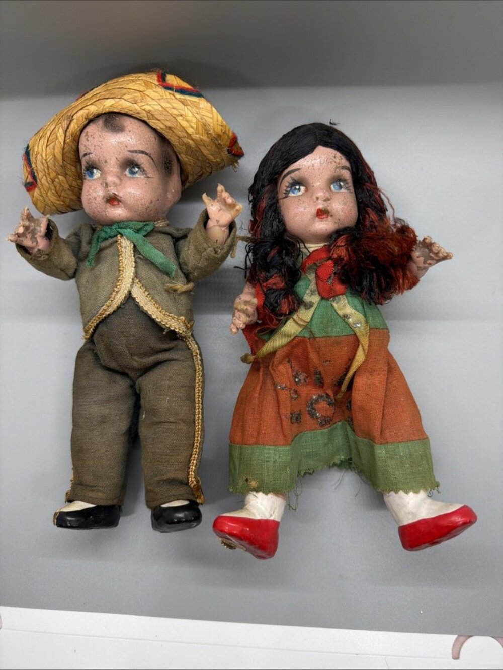 2 Mexican Latino Composition Dolls, Boy / Girl Vintage 1940?